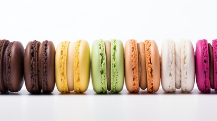 Variety of colorful macaroons arranged in a row on a white background showcasing delightful confectionery options
