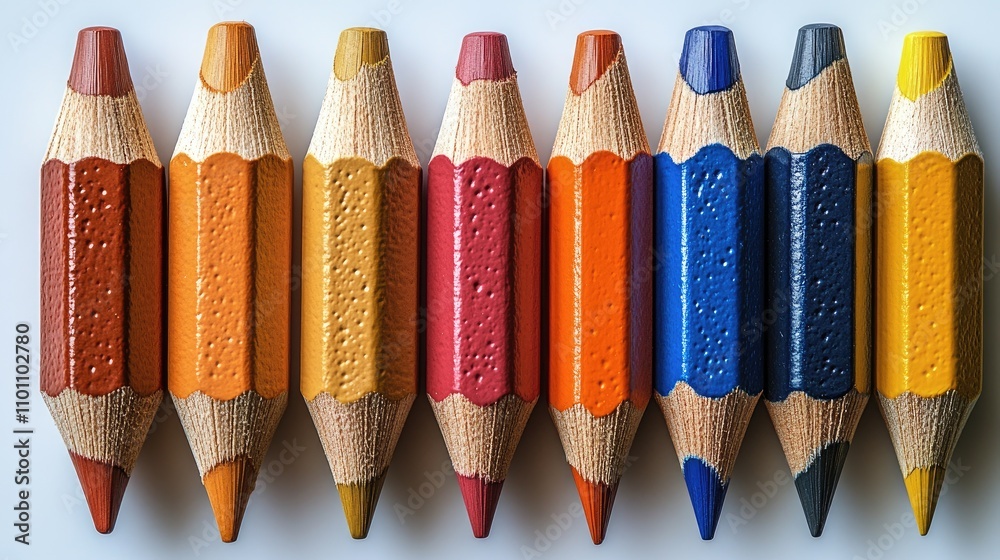 Poster colorful colored pencils arranged in a row with a sharpener on a clean white background showcasing c