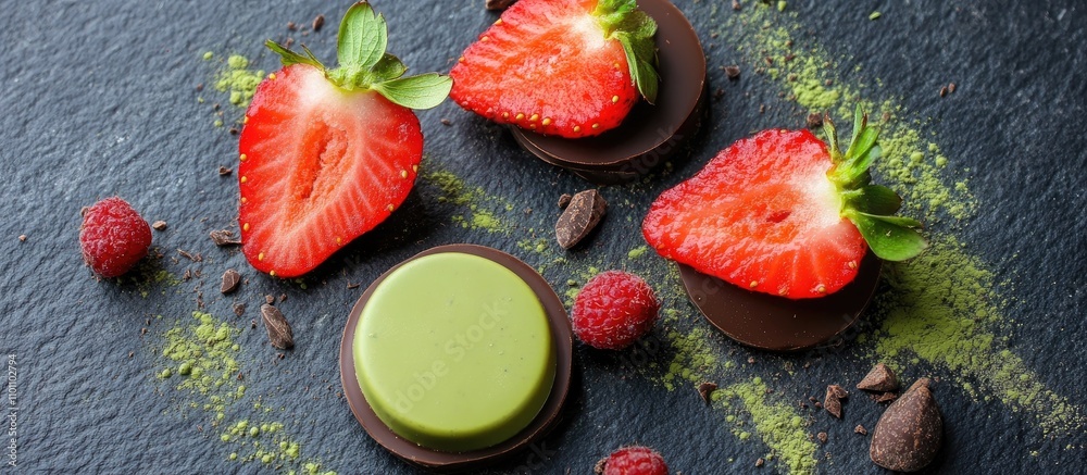Poster Strawberry and matcha chocolate discs arranged on slate with fresh berries and cocoa nibs for a gourmet dessert presentation