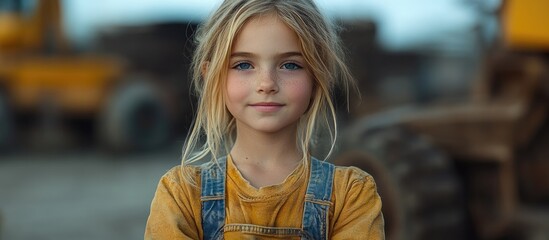 Fototapeta premium Charming young girl wearing overalls stands confidently in a construction setting with heavy machinery in the background.