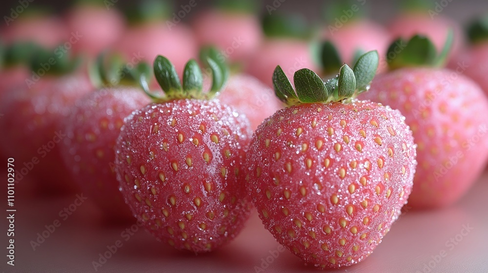 Poster glittering sugar coated strawberries arranged beautifully on a soft pink background showcasing their