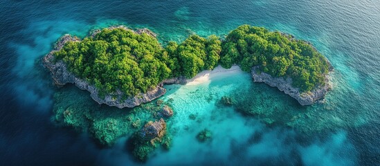 Obraz premium Aerial view of a small tropical islet surrounded by crystal clear emerald waters and rocky shorelines in a serene paradise setting
