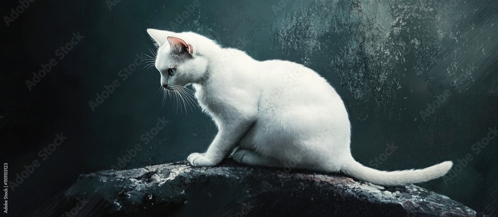 Poster elegant white cat sitting gracefully on a rocky surface with a dark textured background highlighting