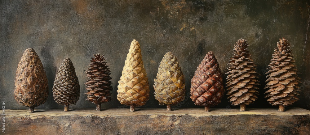 Poster diverse collection of decorative tree cones arranged in a natural display showcasing varying shapes 