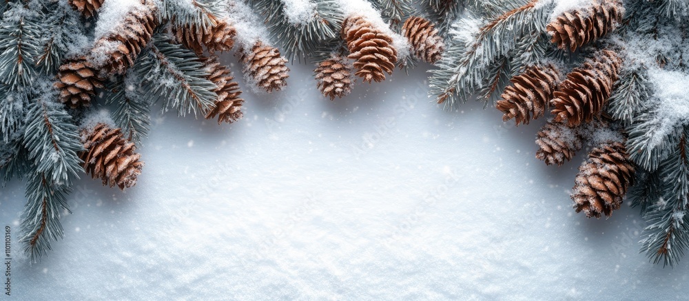 Aufkleber snow-covered spruce branches and pine cones on white wooden boards creating a serene winter backgrou