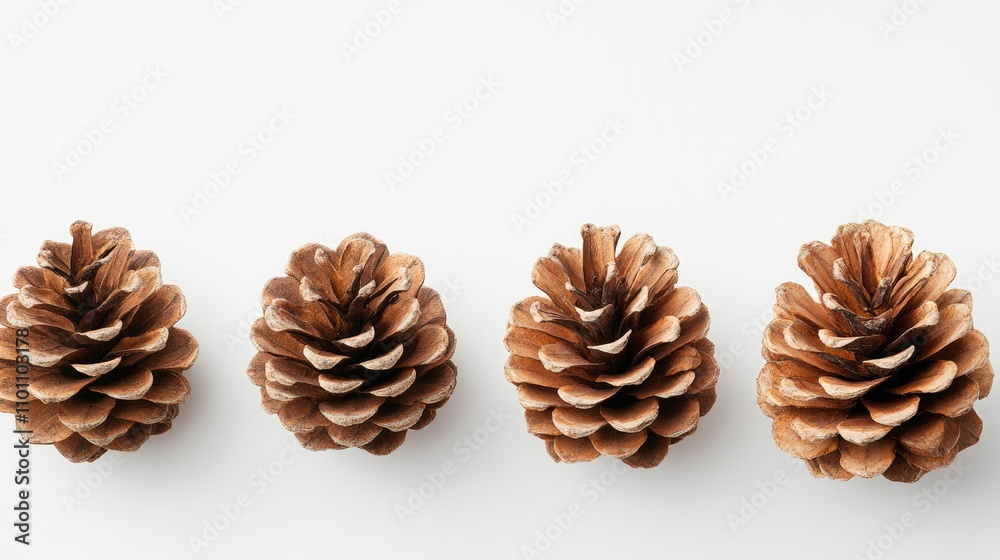 Poster four pine cones arranged in a row on a clean white background showcasing their natural textures and 