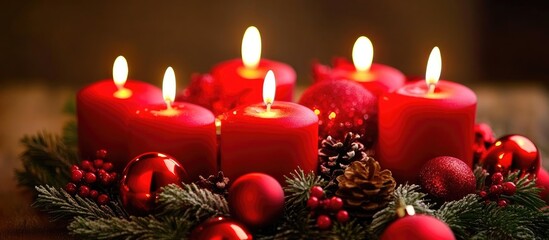 Festive red candles and ornaments arrangement for Advent and Christmas celebration with natural greenery and holiday decorations