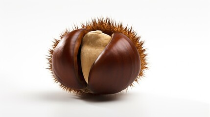 Chestnut with spiky outer shell positioned against a clean white background showcasing natural textures and colors