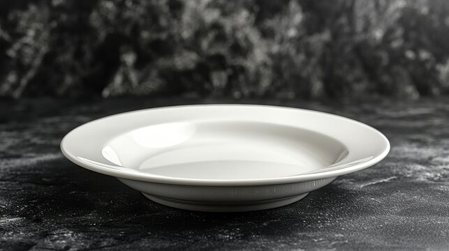 Minimalist empty plate design on a black textured table surface perfect for food photography or restaurant menu presentations.