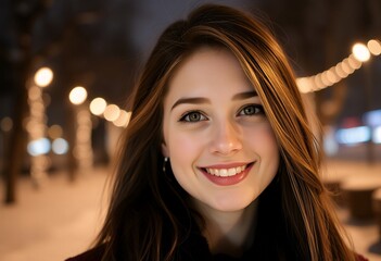 Obraz premium Beautiful Smiling Woman Winter Night Lights City Portrait