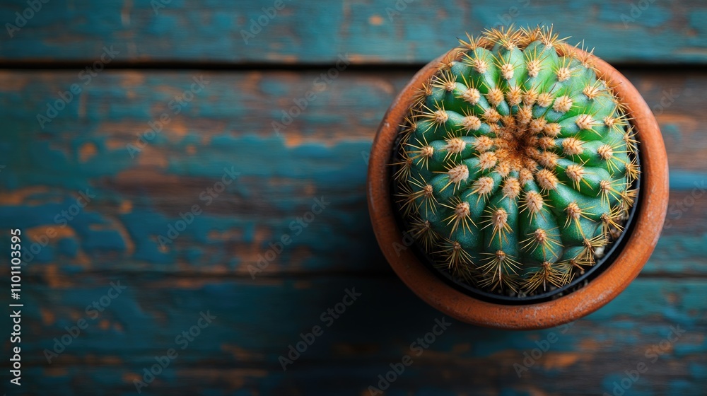 Aufkleber cactus in terracotta pot on rustic wooden background with ample copy space showcasing natural textur