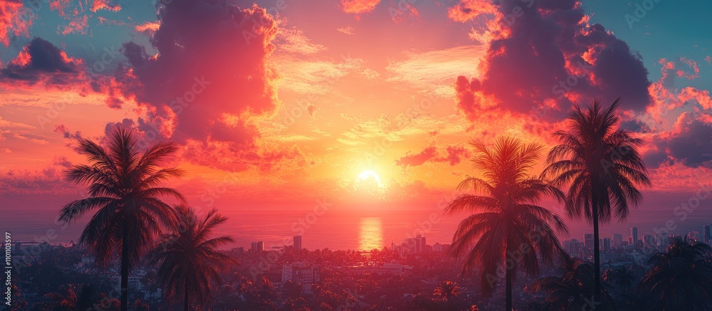 Poster vibrant sunset over city skyline with palm trees silhouetted against colorful sky and ocean view cre