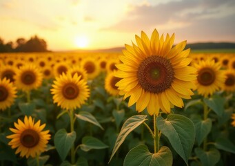 Obraz premium Sunflower field at sunset with vibrant blooms and a golden sky