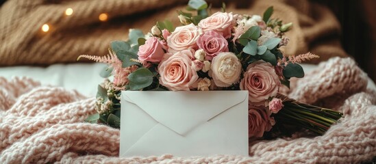 Elegant wedding invitation with a beautiful flower bouquet and envelope on a cozy knitted background perfect for romance and celebration