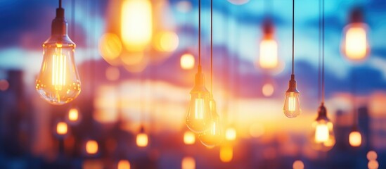 Urban street lighting with hanging bulbs at sunset showcasing the beauty of illumination and city infrastructure against a vibrant sky.