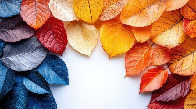 Colorful transparent skeleton leaves arranged in a flat lay border on a white background creating an autumn-inspired seasonal frame