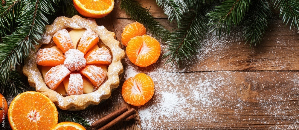 Poster Rustic apple pie decorated with tangerines and powdered sugar on a wooden table surrounded by fir tree branches and cinnamon sticks