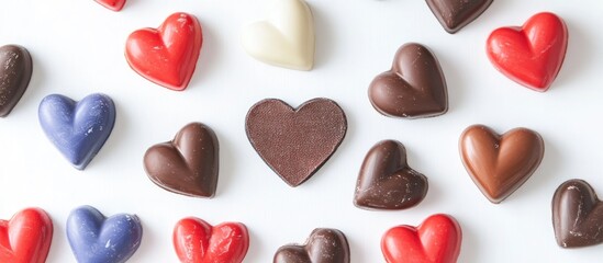Fototapeta premium Aged cloth flag badge surrounded by colorful heart shaped chocolates on a clean white background perfect for Valentine's Day celebrations