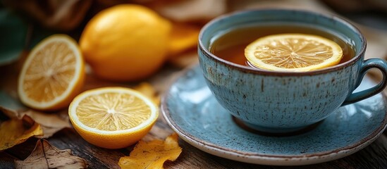 Tea cup with lemon slice and warm autumn leaves creating a cozy, inviting atmosphere perfect for relaxation and reflection.