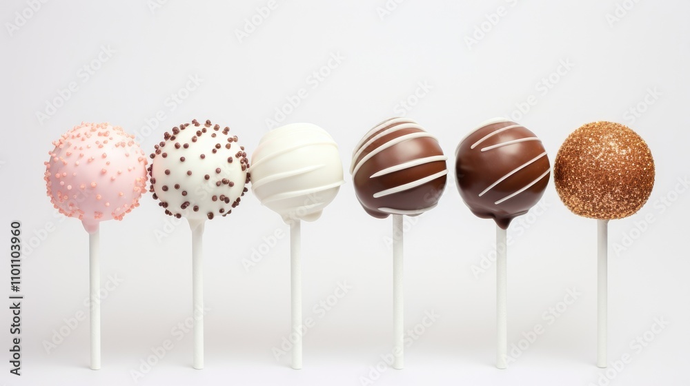 Poster delicious assorted cake pops in various flavors displayed elegantly on a white background