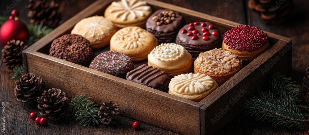 Poster a selection of festive christmas cookies arranged in a rustic wooden box with decorative holly and p