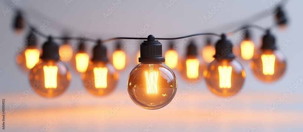 Poster String of vintage light bulbs glowing against a soft white background showcasing warm illumination and elegant design elements.