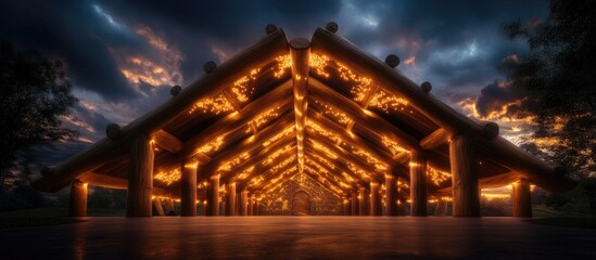 Fototapeta premium Architectural Marvel of Timber Construction Under Dramatic Sunset Sky