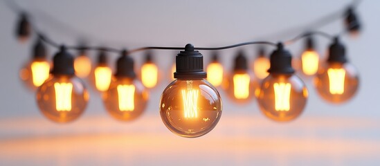 String of vintage light bulbs glowing against a soft white background showcasing warm illumination and elegant design elements.
