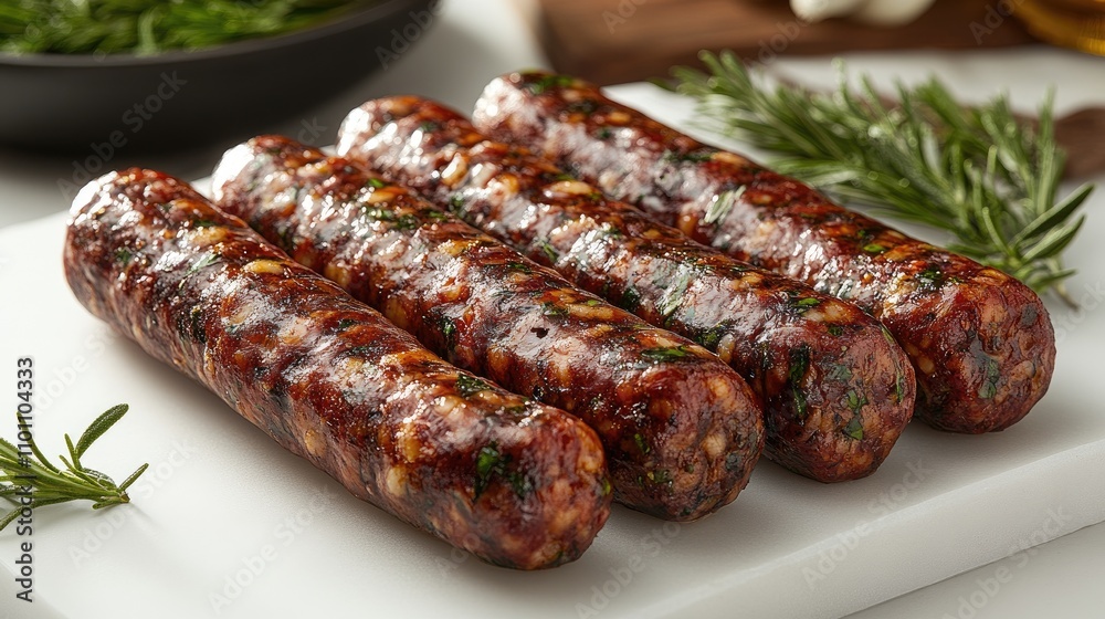 Poster toledo chorizo sausages arranged elegantly on a white surface with fresh herbs and garlic in the bac