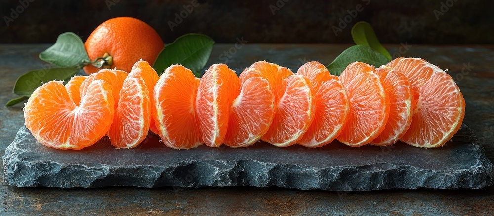 Poster fresh tangerine slices arranged on a slate table with green leaves and a whole orange in the backgro