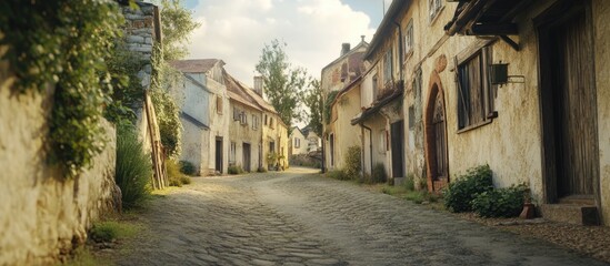 Fototapeta premium Charming cobblestone street in a picturesque village with rustic houses and greenery under a bright sky