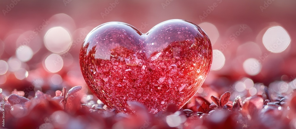 Aufkleber valentine's day romantic greeting card with a shimmering red heart shape on a sparkling background o
