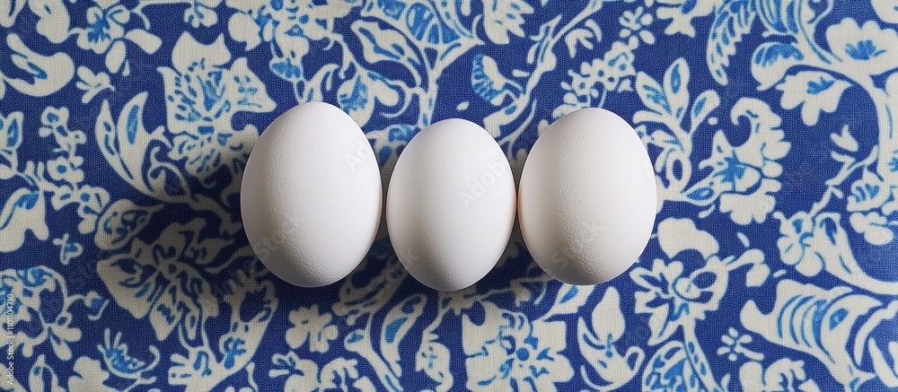 Poster top view of three white eggs arranged in a row on a vibrant blue floral patterned napkinèƒœæ™¯