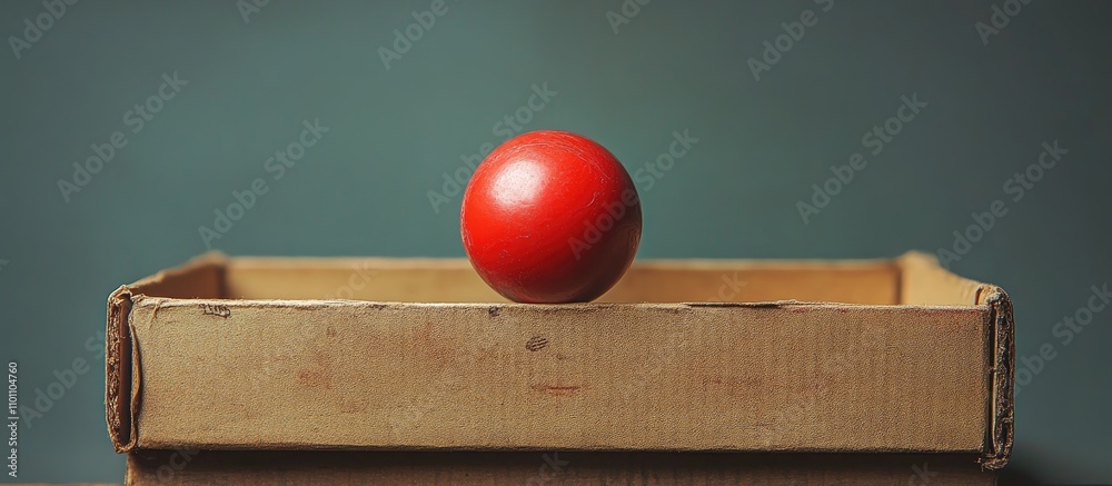 Poster red ball placed in a vintage cardboard box with a rustic background creating a minimalistic and arti