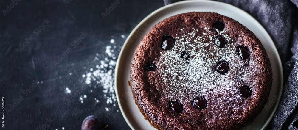 Poster Homemade dark plum cake on a plate with powdered sugar and dark background creating an inviting dessert scene.