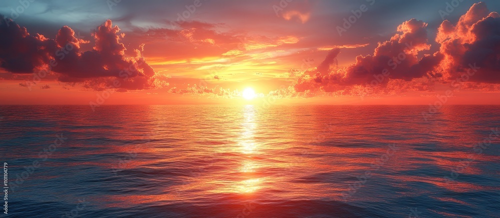 Poster vibrant summer sunset over calm ocean waters with dramatic clouds and stunning reflections on the su