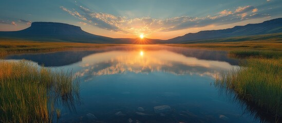 Fototapeta premium Serene morning sunrise over two tranquil lakes reflecting vibrant colors and surrounding landscapes in a peaceful natural setting