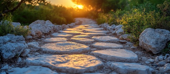 Sunset over ancient marble pathway in archaeological site surrounded by greenery and stone, evoking history and tranquility.