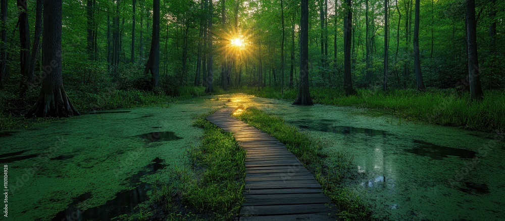 Poster wooden pathway winding through a lush green swamp illuminated by the warm glow of a setting sun in a