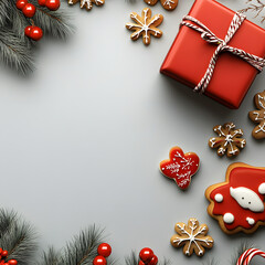 template, background for marketing,advertising, Christmas decor, gifts, cookies, tree branches and toys on a silver background for the New Year holiday