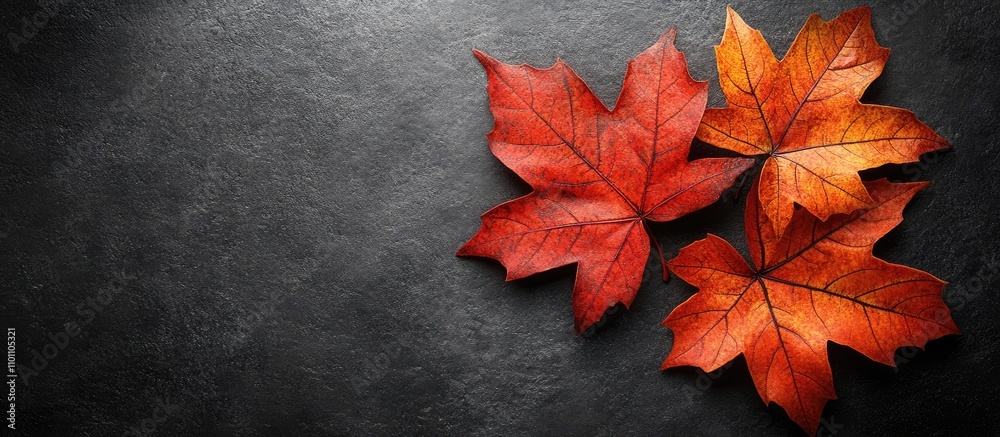 Poster Three vibrant maple leaves in autumn colors on a dark background with ample blank space for text or design placement.