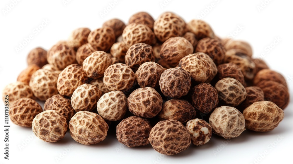 Aufkleber chufa nuts arranged in a pile on a clean white background showcasing their unique texture and earthy