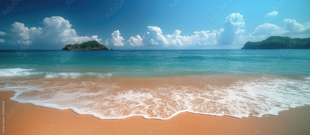 Poster serene tropical beach with clear blue waters and gentle waves under a bright sky with fluffy clouds.