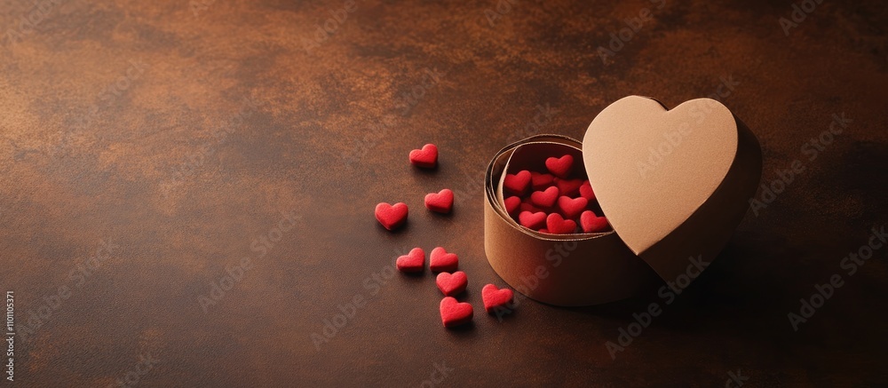 Poster heart-shaped cardboard box with red hearts spilling out on a brown table demonstrating love and tend