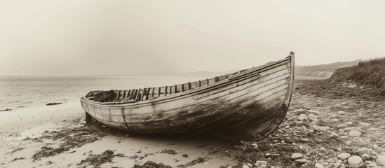 Vintage black and white photograph of an old wooden fishing boat upside down on the shore, evoking timeless coastal charm.