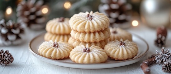 Vanilla kipferl cookies arranged on a plate with festive Christmas decor and pinecones on a rustic white wooden background