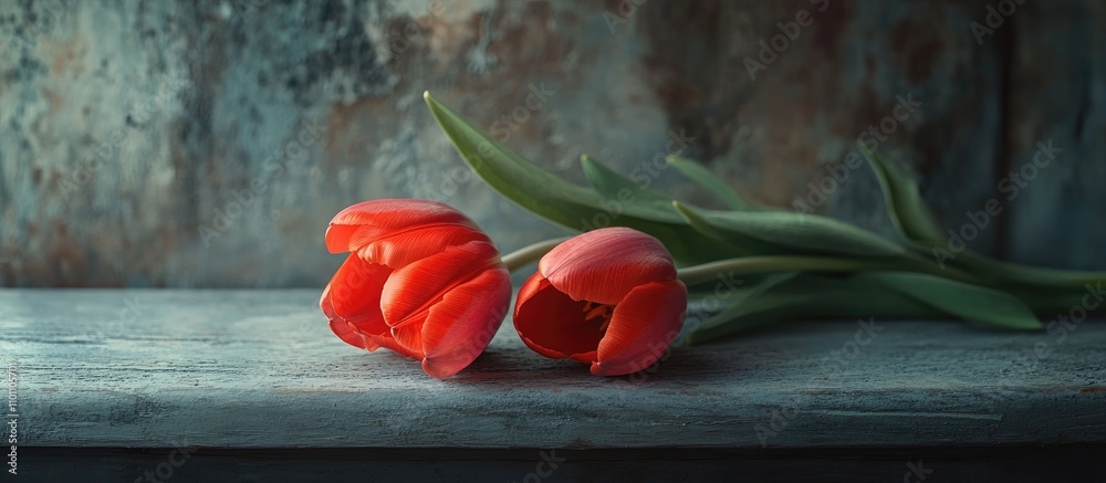 Poster red tulips elegantly placed on a rustic gray wooden table against a textured backdrop showcasing a s