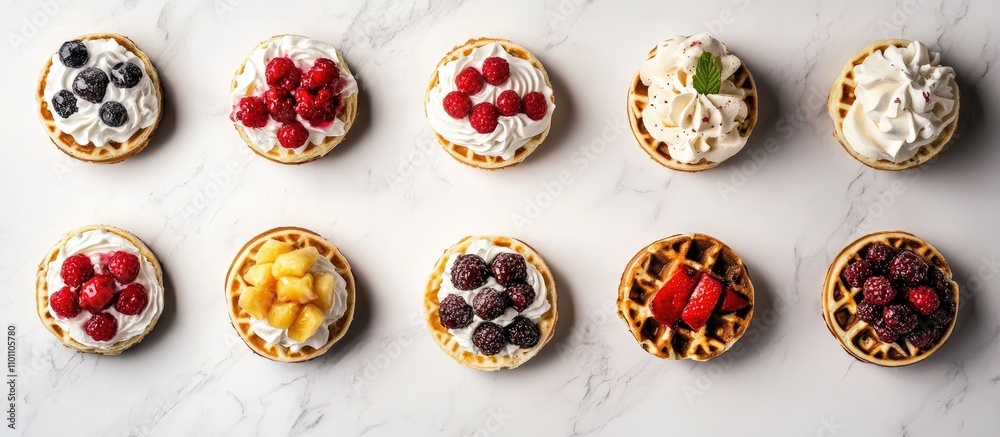 Poster delicious waffles arranged with berries and cream toppings on white marble surface from above
