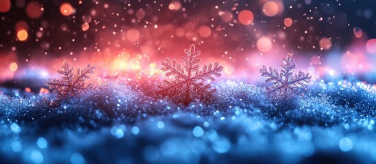 Obraz premium Enchanting winter scene with snowflakes sparkling amidst a dark neon light backdrop glowing in shades of blue and red.