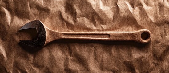 Brown cardboard wrench size 10 13 inches on textured paper background representing tools and material handling concept in carpentry.